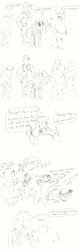 Size: 1500x4725 | Tagged: artist needed, safe, imported from derpibooru, fluttershy, oc, oc:anon, human, pony, robot, robot pony, /mlp/, camera, clothes, comic, dialogue, flutterbot, lab coat, monochrome, necktie, normies, open mouth, panicking, pony preservation project, shirt, smiling, speech bubble, suit, t-shirt, the pony machine learning project, vulgar, welding mask