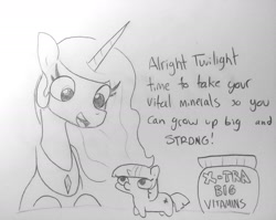 Size: 1809x1440 | Tagged: safe, artist:tjpones, imported from derpibooru, part of a set, princess celestia, twilight sparkle, alicorn, pony, unicorn, black and white, cute, dialogue, female, grayscale, mare, momlestia fuel, monochrome, simple background, sketch, traditional art, twiggie, vitamins, white background