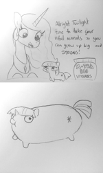 Size: 1809x3022 | Tagged: safe, artist:tjpones, imported from derpibooru, princess celestia, twilight sparkle, alicorn, pony, unicorn, black and white, comic, dialogue, female, grayscale, mare, monochrome, sausage pony, simple background, sketch, stronk, traditional art, twiggie, white background