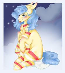 Size: 2647x2999 | Tagged: safe, artist:themstap, imported from derpibooru, oc, oc only, oc:duckie, earth pony, pony, :p, blushing, clothes, mlem, scarf, silly, simple background, socks, solo, stockings, thigh highs, tongue out