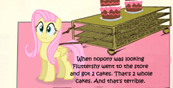 Size: 640x326 | Tagged: safe, edit, imported from derpibooru, fluttershy, pony, make new friends but keep discord, :i, and that's terrible, cake, female, food, meme, solo, we bought two cakes