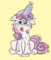 Size: 1100x1300 | Tagged: safe, artist:tijopi, imported from derpibooru, sweetie belle, pony, unicorn, one bad apple, blushing, cute, diasweetes, female, filly, frown, messy, milkshake, simple background, solo, sweetie belle is not amused, tongue out, unamused, yellow background