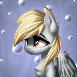 Size: 2500x2500 | Tagged: safe, artist:shido-tara, imported from derpibooru, derpy hooves, pegasus, pony, bubble, bust, cheek fluff, chest fluff, ear fluff, female, high res, mare, portrait, redraw, shoulder fluff, solo