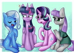 Size: 2800x2000 | Tagged: safe, artist:yoshiyoshi700, imported from derpibooru, boulder (pet), maud pie, starlight glimmer, trixie, twilight sparkle, alicorn, earth pony, pony, unicorn, blue background, boulder (g4), cross-popping veins, female, group shot, hoof on chest, mare, signature, sitting, starry eyes, twilight sparkle (alicorn), wingding eyes