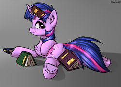 Size: 2500x1800 | Tagged: safe, artist:shido-tara, imported from derpibooru, twilight sparkle, pony, book, book on head, bookhorse, chest fluff, cute, female, leg fluff, lidded eyes, looking back, mare, profile, prone, solo, strategically covered, twiabetes