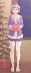 Size: 800x1880 | Tagged: safe, artist:ninjaham, imported from derpibooru, twilight sparkle, human, christmas, christmas tree, clothes, fairy lights, hat, holiday, humanized, indoors, miniskirt, offscreen character, palette swap, pleated skirt, pov, present, recolor, santa hat, skirt, snow, solo, standing, stockings, thigh highs, tree