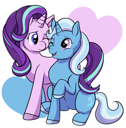 Size: 986x1000 | Tagged: safe, artist:housho, imported from derpibooru, starlight glimmer, trixie, pony, unicorn, cute, diatrixes, female, heart, heart background, lesbian, mare, nuzzling, one eye closed, shipping, simple background, startrix, transparent background