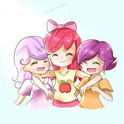 Size: 1451x1451 | Tagged: safe, artist:ning, imported from derpibooru, apple bloom, scootaloo, sweetie belle, human, adorabloom, clothes, cute, cutealoo, cutie mark crusaders, diasweetes, eyes closed, female, humanized, open mouth, pixiv, shirt, tanktop, trio