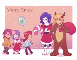 Size: 2048x1577 | Tagged: safe, artist:laochi777, imported from derpibooru, apple bloom, applejack, rarity, scootaloo, sweetie belle, equestria girls, animal costume, balloon, christmas, clothes, costume, cutie mark crusaders, female, holiday, lesbian, merry christmas, rarijack, reindeer costume, santa costume, shipping