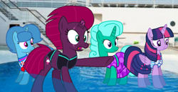 Size: 2069x1080 | Tagged: safe, artist:徐詩珮, imported from derpibooru, fizzlepop berrytwist, glitter drops, spring rain, tempest shadow, twilight sparkle, alicorn, unicorn, series:sprglitemplight diary, series:sprglitemplight life jacket days, series:springshadowdrops diary, series:springshadowdrops life jacket days, alternate universe, base used, bisexual, broken horn, clothes, cute, equestria girls outfit, female, glitterbetes, glitterlight, glittershadow, horn, lesbian, lifeguard, lifeguard spring rain, polyamory, shipping, sprglitemplight, springbetes, springdrops, springlight, springshadow, springshadowdrops, swimsuit, tempestbetes, tempestlight, twilight sparkle (alicorn)