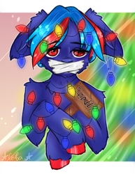 Size: 834x1080 | Tagged: safe, artist:ilona furry, imported from derpibooru, oc, oc only, oc:hellfire, pegasus, semi-anthro, blue fur, bondage, christmas, christmas lights, christmas tree, floppy ears, fur, gag, holiday, implied pegasus, red eyes, sad, solo, tape, tape gag, tree