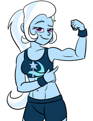 Size: 986x1280 | Tagged: safe, artist:verumteednp, deleted from derpibooru, imported from derpibooru, trixie, human, equestria girls, abs, belly button, biceps, clothes, commission, female, flexing, grand and muscular trixie, gym shorts, muscles, muscular female, shorts, showing off, simple background, smiling, solo, sports bra, transparent background, white hair, wristband