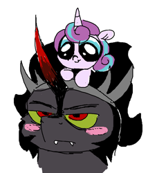 Size: 924x962 | Tagged: safe, artist:smirk, imported from derpibooru, king sombra, princess flurry heart, pony, blush sticker, blushing, bust, cute, duo, fangs, flurry heart riding sombra, flurrybetes, foal, king sombra is not amused, ms paint, ponies riding ponies, pony hat, portrait, riding, simple background, sketch, sombradorable, tsundere, uncle sombra, white background