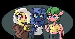 Size: 1246x654 | Tagged: safe, artist:smirk, imported from derpibooru, oc, oc:libby belle, oc:midnight starfall, oc:mutter butter, anthro, :p, belly button, clothes, drink, freckles, midriff, ms paint, short shirt, simple background, tanktop, tongue out