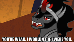 Size: 1280x720 | Tagged: safe, edit, edited screencap, imported from derpibooru, screencap, king sombra, pony, unicorn, the beginning of the end, caption, curved horn, horn, image macro, jewelry, male, meme, regalia, solo, stallion, text