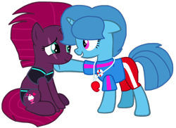 Size: 1314x957 | Tagged: safe, artist:徐詩珮, imported from derpibooru, fizzlepop berrytwist, spring rain, tempest shadow, unicorn, series:sprglitemplight diary, series:sprglitemplight life jacket days, series:springshadowdrops diary, series:springshadowdrops life jacket days, broken horn, clothes, cute, female, horn, lesbian, lifeguard, lifeguard spring rain, shipping, simple background, springbetes, springshadow, swimsuit, tempestbetes, transparent background