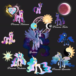 Size: 2449x2449 | Tagged: safe, artist:riredecire, imported from derpibooru, princess cadance, princess celestia, princess luna, twilight sparkle, alicorn, pony, fusion, fusion diagram, hexafusion, multiple eyes, twilight sparkle (alicorn)