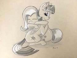 Size: 1032x774 | Tagged: safe, artist:peruserofpieces, imported from derpibooru, fluttershy, twilight sparkle, alicorn, pegasus, pony, eyes closed, female, hug, mare, pencil drawing, smiling, toned paper, traditional art, twilight sparkle (alicorn)