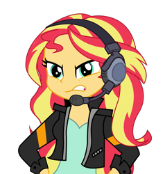 Size: 1543x1619 | Tagged: safe, artist:lifes-remedy, artist:remcmaximus, imported from derpibooru, sunset shimmer, equestria girls, equestria girls series, game stream, spoiler:eqg series (season 2), angry, clothes, female, headset, jacket, moments before ragequit, simple background, solo, transparent background, vector