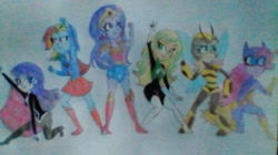 Size: 621x349 | Tagged: safe, artist:awesome_turtle_, imported from derpibooru, applejack, fluttershy, pinkie pie, rainbow dash, rarity, twilight sparkle, equestria girls, batgirl, bumblebee, bumblebee (dc comics), dc superhero girls, green lantern, mane six, supergirl, wonder woman, zatanna