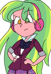 Size: 834x1200 | Tagged: safe, artist:treble clefé, imported from derpibooru, lemon zest, equestria girls, clothes, crystal prep academy uniform, eyebrows, eyebrows visible through hair, female, hair over one eye, hand on hip, hands on hip, headphones, impossibly thin waist, school uniform, simple background, solo, transparent background, unleash the magic