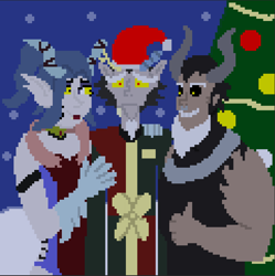 Size: 721x723 | Tagged: safe, artist:ultimatum323, imported from derpibooru, cosmos (character), discord, lord tirek, human, christmas, christmas tree, cosmos, holiday, humanized, pixel art, snow, tree
