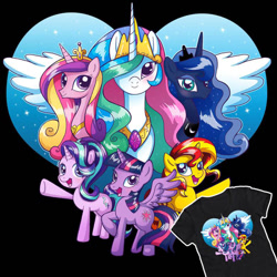 Size: 780x780 | Tagged: safe, artist:marybellamy, imported from derpibooru, princess cadance, princess celestia, princess luna, starlight glimmer, sunset shimmer, twilight sparkle, alicorn, pony, unicorn, by fans for fans, design, official, shirt design, twilight sparkle (alicorn)