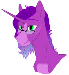 Size: 632x687 | Tagged: safe, artist:phobicalbino, imported from derpibooru, oc, oc only, oc:aurora, pony, unicorn, bald face, blaze (coat marking), bust, coat markings, facial markings, female, glasses, mare, simple background, solo, white background