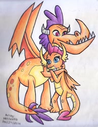 Size: 1890x2445 | Tagged: safe, artist:melisareb, imported from derpibooru, billy (dragon), smolder, dragon, sweet and smoky, adorabilly, alternate ending, billy, cousins, cute, daaaaaaaaaaaw, dawwww, dragoness, duo, duo male and female, female, headcanon, hug, smolderbetes, teenaged dragon, traditional art