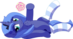 Size: 9117x4837 | Tagged: safe, artist:cyanlightning, imported from derpibooru, princess luna, alicorn, pony, .svg available, absurd resolution, candy, chest fluff, clothes, ear fluff, female, folded wings, food, lidded eyes, lollipop, looking at you, mare, on back, s1 luna, simple background, sitting, socks, solo, striped socks, transparent background, vector, wings