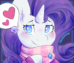 Size: 2977x2539 | Tagged: safe, artist:iroxykun, imported from derpibooru, rarity, pony, unicorn, bust, clothes, cute, ear fluff, female, freckles, gem, heart, heart eyes, high res, mare, no pupils, pictogram, portrait, raribetes, scarf, solo, speech bubble, starry eyes, sweater, wingding eyes, winter