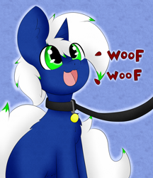 Size: 3000x3472 | Tagged: safe, artist:miss-jessiie, artist:pegamutt, imported from derpibooru, oc, oc only, oc:mimic, pony, unicorn, abstract background, barking, behaving like a dog, collar, happy, leash, looking up, male, pet play, playful, sitting, solo, stallion, tail