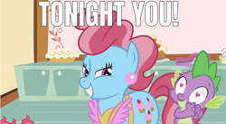 Size: 1225x672 | Tagged: artist needed, safe, edit, edited screencap, editor:undeadponysoldier, imported from derpibooru, screencap, cup cake, spike, dragon, earth pony, pony, lesson zero, bedroom eyes, caption, female, heart eyes, image macro, in love, infidelity, male, mare, meme, shipping, smiling, spatula, spikecake, straight, text, tonight you, wingding eyes