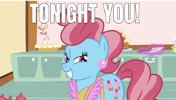 Size: 635x363 | Tagged: safe, edit, edited screencap, editor:undeadponysoldier, imported from derpibooru, screencap, cup cake, earth pony, pony, lesson zero, bedroom eyes, bronybait, caption, ear piercing, earring, female, image macro, jewelry, mare, meme, piercing, smiling, solo, spatula, talking to viewer, text, tonight you