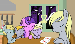 Size: 1309x768 | Tagged: safe, artist:dinkyuniverse, imported from derpibooru, amethyst star, chirpy hooves, crackle pop, derpy hooves, dinky hooves, sparkler, pegasus, pony, unicorn, card, chair, colt, dinner, equestria's best daughter, equestria's best family, equestria's best mother, family, female, filly, headcanon, kitchen, kitchen knife, male, mother, new year, new years eve, night, snow, spatula, spoon, stove, table, thank you card