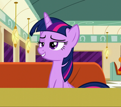 Size: 814x721 | Tagged: safe, imported from derpibooru, screencap, twilight sparkle, alicorn, pony, the saddle row review, cropped, diner, female, horn, lidded eyes, mare, sitting, smiling, smirk, smuglight sparkle, solo, twilight sparkle (alicorn), wings