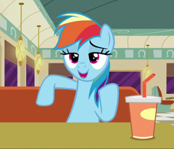 Size: 844x721 | Tagged: safe, imported from derpibooru, screencap, rainbow dash, pegasus, pony, the saddle row review, cropped, cup, diner, drink, faic, female, lidded eyes, mare, open mouth, raised hoof, sitting, smiling, smirk, smug, smugdash, solo