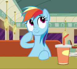 Size: 806x721 | Tagged: safe, imported from derpibooru, screencap, rainbow dash, pegasus, pony, the saddle row review, cropped, cup, cute, dashabetes, diner, drink, female, mare, raised hoof, sitting, smiling, solo, thinking