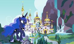 Size: 2048x1234 | Tagged: safe, imported from derpibooru, princess cadance, princess celestia, princess luna, twilight sparkle, alicorn, pony, canterlot, female, giant pony, giantess, macro, mare, mega luna, story included, twilight sparkle (alicorn)