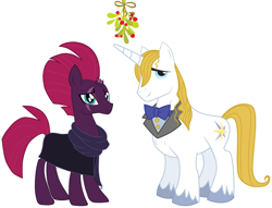 Size: 2092x1595 | Tagged: safe, imported from derpibooru, fizzlepop berrytwist, prince blueblood, tempest shadow, berryblood, christmas, crack shipping, female, hearth's warming, holiday, male, mistleholly, shipping, straight