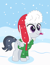 Size: 1159x1500 | Tagged: safe, artist:cloudy glow, artist:cloudyglow, imported from derpibooru, rumble, pegasus, pony, clothes, colt, cute, hat, male, movie accurate, rumblebetes, snow, snowfall, solo, sweater, tongue out, ushanka, winter