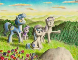 Size: 3300x2550 | Tagged: safe, artist:jac59col, imported from derpibooru, night light, shining armor, twilight sparkle, twilight velvet, pony, unicorn, brother and sister, father and child, father and daughter, father and son, female, filly, filly twilight sparkle, hiking, husband and wife, like father like daughter, like father like son, like mother like daughter, like mother like son, like parent like child, male, mare, mother and child, mother and daughter, mother and son, parent, pointing, siblings, sparkle family, stallion, teenager, traditional art, unicorn twilight, young, younger