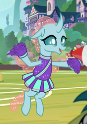 Size: 539x769 | Tagged: safe, imported from derpibooru, screencap, ocellus, 2 4 6 greaaat, cheerleader ocellus, cheerleader outfit, clothes, cropped, cute, diaocelles, female, flying, megaphone, open mouth, solo