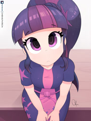 Size: 1802x2400 | Tagged: safe, artist:ohiekhe, imported from derpibooru, sci-twi, twilight sparkle, human, equestria girls, equestria girls series, spring breakdown, spoiler:eqg series (season 2), adorkable, clothes, cute, dork, female, glasses off, humanized, looking at you, looking up, looking up at you, missing accessory, sitting, solo, twiabetes