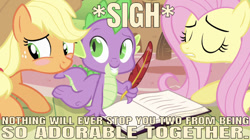 Size: 640x359 | Tagged: safe, edit, edited screencap, editor:undeadponysoldier, imported from derpibooru, screencap, applejack, fluttershy, spike, dragon, earth pony, pony, bats!, applespike, blushing, book, cute, eyes closed, female, jackabetes, male, mare, quill, shipper on deck, shipping, sigh, straight