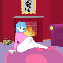 Size: 1920x1920 | Tagged: safe, artist:momoiro-kun, imported from derpibooru, derpy hooves, oc, oc only, oc:cloudy cuddles, equestria girls, big breasts, bottomless, breasts, clothes, equestria girls-ified, female, fire, fireplace, huge breasts, looking at you, no panties, no pants, solo, sweater