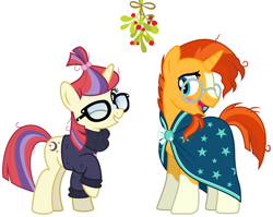 Size: 2100x1674 | Tagged: safe, imported from derpibooru, moondancer, sunburst, pony, unicorn, blushing, christmas, clothes, egghead, female, hearth's warming, holiday, holly, holly mistaken for mistletoe, male, mistleholly, moonburst, one eye closed, shipping, straight, sundancer, wink