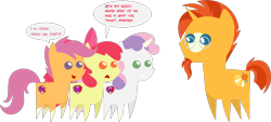 Size: 3315x1495 | Tagged: safe, artist:estories, edit, editor:slayerbvc, imported from derpibooru, vector edit, apple bloom, scootaloo, sunburst, sweetie belle, earth pony, pegasus, pony, unicorn, apple bloom's bow, bow, coat markings, cutie mark, cutie mark crusaders, female, filly, glasses, grin, hair bow, horn, horn sock, looking down, male, missing accessory, pointy ponies, ponies wearing sunburst's socks, silly belle, simple background, smiling, sockless sunburst, socks (coat marking), socks (coat markings), speech bubble, stallion, sunburst's glasses, the cmc's cutie marks, transparent background, vector