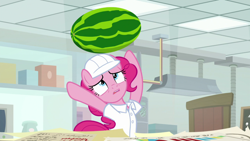 Size: 1920x1080 | Tagged: safe, imported from derpibooru, screencap, pinkie pie, earth pony, pony, the last laugh, female, food, fruit, hooves in air, mare, open mouth, solo, watermelon