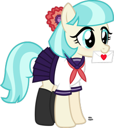 Size: 1504x1684 | Tagged: safe, artist:anime-equestria, imported from derpibooru, coco pommel, earth pony, pony, ayano aishi, black socks, black stockings, blushing, clothes, cocobetes, crossover, cute, envelope, female, happy, heart, letter, long socks, love, love letter, mare, miniskirt, mouth hold, necktie, parody, pleated skirt, sailor uniform, school uniform, schoolgirl, simple background, skirt, socks, solo, stockings, thigh highs, transparent background, uniform, vector, yandere, yandere simulator